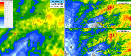 48-stündige Niederschlagsmengen bis Samstag 1. Juni 2024 um 00 UTC von verschiedenen Wettermodellen. 