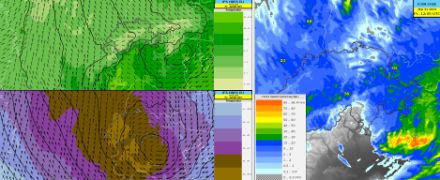 Wettersituation am Freitag 31. Mai 2024 um 12 UTC: Links oben: Temperatur, Geopotential und Wind auf 850 hPa des Wettermodells IFS. Links unten: Temperatur, Geopotential und Wind auf 500 hPa des Wettermodells IFS. Rechts: 12-stündige Niederschlagssumme des Wettermodells ICON CH2E CTRL. 