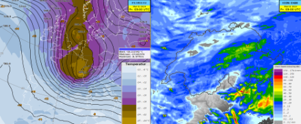 Wettersituation am Freitag 31. Mai 2024 um 03 UTC: Links: Temperatur und Geopotential auf 500 hPa des Wettermodells IFS. Rechts: 12-stündige Niederschlagssumme des Wettermodells ICON CH2E CTRL. 