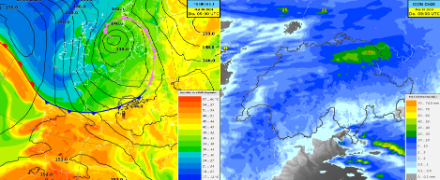 Wettersituation am Donnerstag 30. Mai 2024 um 9 UTC: Links: Äquivalentpotentielle Temperatur und Geopotential auf 850 hPa des Wettermodells IFS. Rechts: 6-stündige Niederschlagssumme des Wettermodells ICON CH2E CTRL.