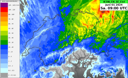 24-stündige Niederschlagsumme bis Samstag 11 Uhr Lokalzeit gemäss dem Wettermodell ICON CH 1E. 