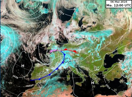 Bodenwetterkarte überlagert mit dem Satellitenbild vom 6. Mai 2024, 14.00 Uhr Ortszeit.