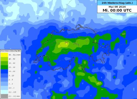 24h Niederschlagsprognose (Dienstag- bis Mittwochmitternacht) des IFS-HRES-EU Modells (00.00 UTC Lauf vom Montag, 6. Mai 2024).