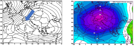 Mittleres Geopotential [gpm] auf 850 hPa (ca. 1500 M. ü. M.) zwischen 25. Januar 1963 und dem 3. Februar 1963 in Europa (links) und mittlere Temperaturabweichung [°C] auf 850 hPa (rechts) im selben Zeitraum gemäss dem Reanalysetool https://psl.noaa.gov/data/composites/day/. In der Schweiz herrschten nordöstliche Winde vor (blauer Pfeil links), welche sehr kalte Luft heranführten, denn die Temperaturen lagen in der Schweiz etwa 10 Grad unter dem langjährigen Mittel der Zeitperiode vom 25. Januar bis 3. Februar.