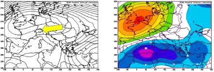 Mittleres Geopotential [gpm] auf 850 hPa (ca. 1500 M. ü. M.) zwischen 20. Juni 1976 und dem 30. Juni 1976 in Europa (links) und mittlere Temperaturabweichung [°C] auf 850 hPa (rechts) im selben Zeitraum gemäss dem Reanalysetool https://psl.noaa.gov/data/composites/day/. In der Schweiz herrschten östliche Winde vor (gelber Pfeil links), welche warme Luft heranführten, denn die Temperaturen lagen etwa 3 Grad über dem langjährigen Mittel der Zeitperiode vom 20. Juni bis 30. Juni. 3 Grad Abweichung ist nicht besonders viel, denn Luftmassen aus Osten sind im Sommer nicht extrem heiss, aber trocken. Die im Mittelland herrschende Bise trocknete zudem die Böden  stark aus.