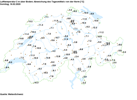 Abweichung des Tagesmittels [° C] von der langjährigen Norm am 16. Februar 2020. Besonders in den westwindexponierten Lagen (Berner Oberland und Jura) war es zum Teil 10 bis 15 Grad zu wärmer als im langjährigen Durchschnitt zu dieser Jahreszeit.