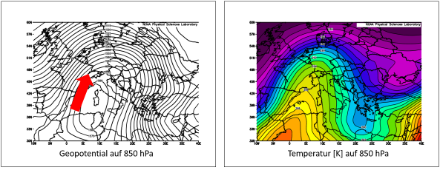 Mittleres Geopotential [gpm] und  mittlere Temperatur [K] in Europa an den 20 heissesten Tagen auf 850 hPa über Payerne in den Jahren gemäss dem Reanalysetool 6-Hourly NCEP/NCAR Reanalysis Data Composites auf der Webseite https://psl.noaa.gov/data/composites/hour/. 273 K entsprechen 0°C, über Payerne herrschten im Mittel etwas mehr als 295 K, was 22 °C entspricht. Tatsächlich lag der Wert bei über 24 Grad, die Reanalyse ergibt also etwa 2 Grad zu tiefe Temperaturen. Dies rührt daher, dass die Reanalyse die damaligen Temperatur- und Druckfelder nicht mehr exakt rekonstruieren kann.