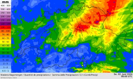 Abbildung 2: Zwischen Donnerstagvormittag und Sonntagvormittag (72 Stunden) sind am zentralen und östlichen Alpennordhang sowie in Teilen Nordbündens 70 bis 110 mm Niederschlag gefallen. An den Voralpen wurden lokal sogar über 120 mm gemessen. In den angrenzenden Regionen betrugen die Mengen 40 bis 70 mm. 