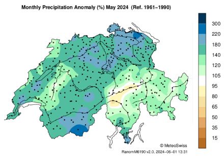 Abbildung 1: Die Karte zeigt für jeden Ort der Schweiz die Niederschlagssumme im Mai 2024 im Verhältnis zur mittleren Mai-Niederschlagssumme der Norm 1991-2020. Teils ist mit über 200 % deutlich mehr Niederschlag gefallen als im langjährigen Mittel.