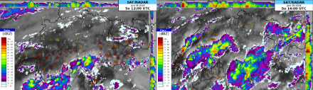 Radar- und Satellitenbild mit der Sonnenscheindauer der letzten Stunde (in Minuten) am Sonntag 09.06.2024 um 12 und um 14 UTC. Quelle: MeteoSchweiz/MeteoSat