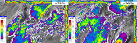 Radar- und Satellitenbild am Sonntag 09.06.2024 um 16.30 und um 18 UTC. Stärkere Gewitterzellen sind um 18 UTC fast nur noch über der Poebene zu sehen.