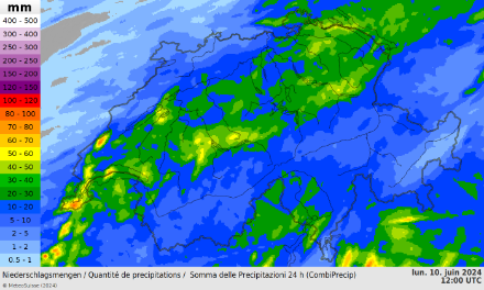 Niederschlagssummen des ganzen Ereignisses (Gewitter- und Kaltfrontphase) von Sonntagmittag bis Montagmittag.