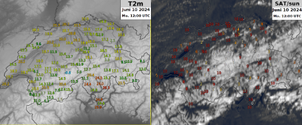 Temperatur (links) und Satellitenbild mit der Sonnenscheindauer der vergangenen 10 Minuten (rechts) um 12 UTC.