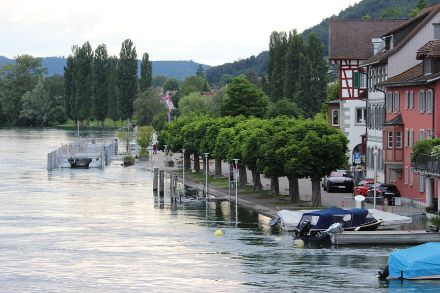 Der Rhein bei Stein am Rhein bei Pegel-Höchststand am Ausfluss des Untersees.