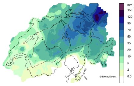 Räumliche Verteilung der Niederschlagssummen am 31. Mai 2024.