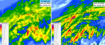 Prognostizierter Gesamtniederschlag bis kommenden Montag, 10.06.2024. Links das europäische Modell IFS, rechts das ICON-CH2 Modell der MeteoSchweiz. Quelle: MeteoSchweiz