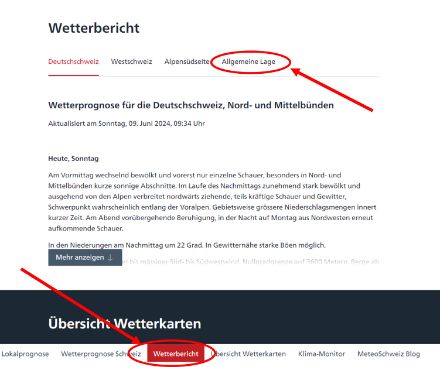Wetterbericht auf der Startseite der MeteoSchweiz-Website. 