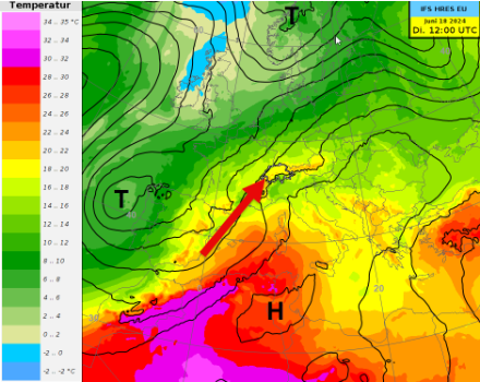 Vorhergesagte Temperatur- und Druckverhältnisse (Geopotential) am Dienstag 18. Juni um 14 Uhr MESZ in ca. 1600 m ü.M: (850 hPa). Aus Südwesten gelangt sehr warme Luft zum Alpenraum. 