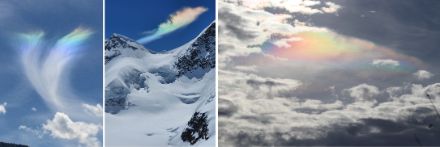 Links und in der Mitte ein Fragment eines Zirkumhorizontalbogens, rechts eine irisierende Wolke. 