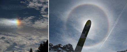 Die Nebensonne (links) und der 22°-Ring um die Sonne sind die beiden häufigsten Halo-Arten. 