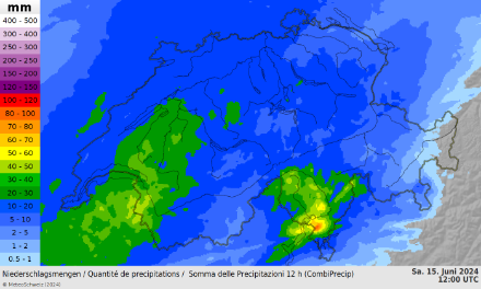 12stündige Niederschlagssummen bis heute 14 Uhr. Die Kaltfront erreichte in der Nacht den Jura und zog dann rasch in Richtung östliche Alpen.