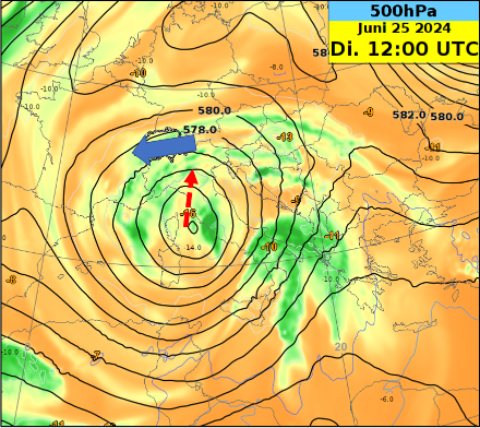 Geopotential [gpdm], relative Luftfeuchtigkeit [%, flächige Darstellung in Farbe; orange -> Werte unter 30 %, dunkelgrün -> Werte über 90 %] und Temperatur [°C, Zahlenwerte und Isolinien] auf 500 hPa heute, den 25. Juni 2024, 12 UTC.  Die Schweiz befindet sich am Nordrand des Höhentiefs in einer östlichen Luftströmung (blauer Pfeil). Das Höhentief verlagert sich bis am Abend nach Norden (roter Pfeil), was die Gewittertendenz über der Schweiz ansteigen lässt.