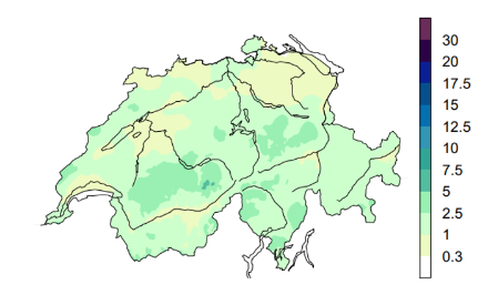 Mittlere Niederschlagsmengen [mm] aller Fälle von indifferenten Ostlagen in den Monaten Juni, Juli und August in den Jahren 1961-2010. Die Niederschlagsmengen sind mit maximal 5 mm wohl klein. Da es sich aber um einen Mittelwert handelt, kann im Einzelfall - vor allem bei Gewittern - die Niederschlagsmenge in einer betroffenen Region deutlich höher liegen. Es ist aber doch ersichtlich, dass das Mittelland und die inneralpinen Gebiete weniger grosse Niederschlagsmengen aufweisen als der Jura oder die Voralpen.