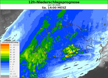 Prognostizierter Gesamtniederschlag bis Samstag, 15. Juni 2024, 14.00 Uhr Ortszeit, basierend auf dem ICON-CH1 Modell.