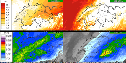 «Wetterzusammenfassung» von unserem neuen ICON-2E Modell: Oben Sonnenscheindauer für Samstag (links) und Sonntag (rechts), unten 24-stündige Niederschlagsmengen für Samstag (links) und Sonntag (rechts). Gezeigt ist der Median der 20 Ensemble Members, extreme «Gewitterpeaks» werden also etwas ausgemittelt. 