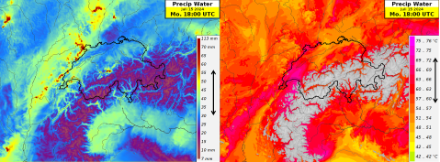ICON 1E-Vorhersage des berechneten niederschlagbaren Wassers (links) und der Luftmassentemperatur Theta E auf 850 hPa (rechts) zeigen im Bereich der Gewitterbildung sehr hohe Werte. 