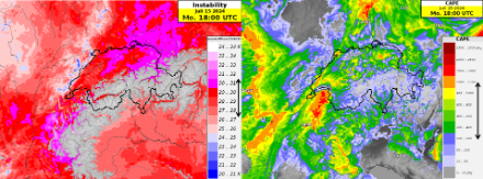 ICON 1E-Vorhersage der Instabilität – Temperaturdifferenz zwischen 850 und 500 hPa (links) und der potentiell verfügbare konvektive Energie (rechts). Die Instabilität zeigt recht hohe Werte (für Gewitter > 25°) während die CAPE-Werte eher im mässigen Bereich liegen.