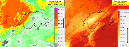 ICON 1E-Vorhersage der Windscherung zwischen 0 und 6 km Höhe (links) und der Sonnenscheindauer von 6 bis 18 UTC (rechts). Die Windscherung zeigt recht hohe Werte (für Superzellen > 35 kt), während die Besonnung vor allem im Westen gering ist (Abdeckung durch Cirrenschirme der herannahenden Gewitterlinie).