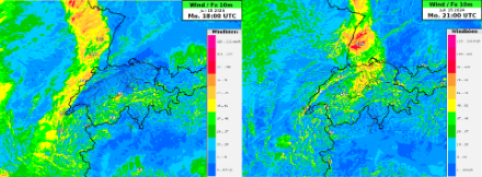 ICON 1E-Vorhersage der 3h-Windspitzen am Montag, 15.07.2024 um 18 UTC und um 21 UTC. Mit dem Durchgang der Gewitterlinie wird eine Böenfront mit Windspitzen zwischen 50 und 80 km/h erwartet, lokal sind auch Werte über 90 km/h nicht ausgeschlossen.