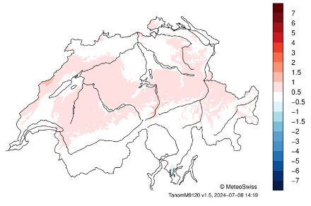 Schweizerkarte zur Temperaturverteilung im Juni 2024.