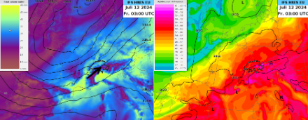 Situation am Freitag, 12. Juli 2024 um 3 UTC gemäss dem Globalmodell IFS vom ECMWF. Links: Niederschlagbares Wasser überlagert mit Geopotential auf der 700 hPa Druckfläche. Rechts: Äquivalentpotentielle Temperatur auf der 850 hPa Druckfläche überlagert mit Luftdruck auf Meereshöhe. Auf der Alpennordseite erreicht das niederschlagbare Wasser hohe Werte von etwa 30 bis 35 mm, auf der Alpensüdseite sogar Werte von teils deutlich über 40 mm. 
