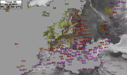 Höchsttemperaturen von Mittwochnachmittag an einigen Stationen in Europa. 