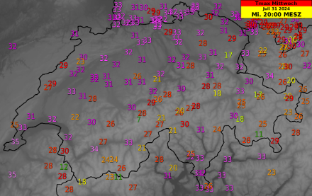 Prognose der Höchsttemperatur (in °C) für Mittwoch, 31.07.2024. Quelle: MeteoSchweiz