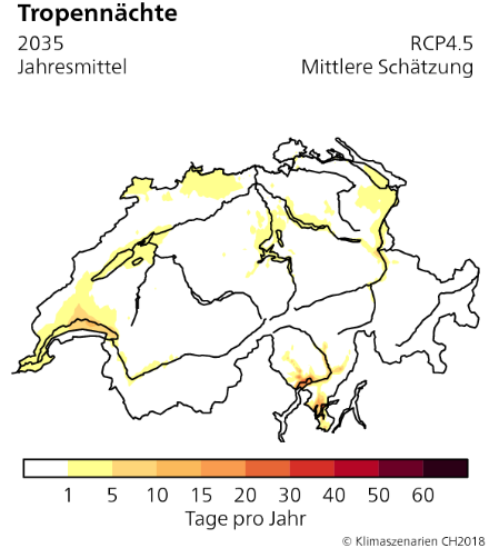 Abbildung 8: Median der Anzahl Tropennächte pro Jahr im Emissionsszenario RCP4.5 für das Jahr 2035.