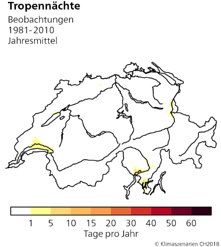 Abbildung 2: Anzahl Tropennächte im Jahresmittel in der Norm 1981-2010.