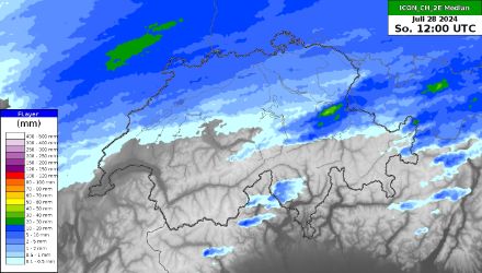 Prognostizierter Gesamtniederschlag bis Sonntagmittag, 28. Juli 2024, basierend auf dem ICON-CH2 Modell der MeteoSchweiz. Am meisten Niederschlag dürfte ganz im Norden der Schweiz fallen, allerdings auf einem bescheidenen Niveau. 