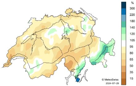 Schweizerkarte zur Niederschlagsverteilung im Juli 2024.