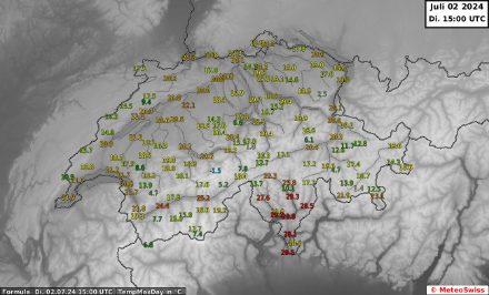 Tageshöchsttemperatur heute, den 2. Juli 2024, bis um 15 UTC. Mit Nordwind und viel Sonnenschein war es heute in den Niederungen der Alpensüdseite mit 28 bis 30 Grad am wärmsten.