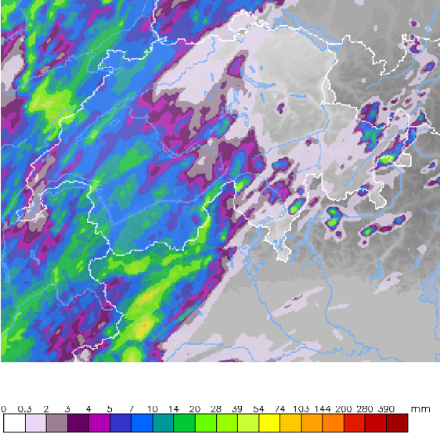 24-stündige Niederschlagssummen [mm] zwischen gestern, den 20. Juli 2024, 12 UTC und heute, den 21. Juli 2024, um 12 UTC gemäss Radar kombiniert mit den Bodenmessstationen von MeteoSchweiz. Die nächtlichen Gewitter wirkten sich vor allem in der Westschweiz aus, die Gewitter von heute Morgen und Vormittag betrafen hingegen hauptsächlich das Wallis und Teile der Alpensüdseite.