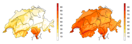 Zentralwert der relativen Sonnenscheindauer [%] aller zyklonaler Nordwestlagen in den Sommermonaten Juni, Juli und August in den Jahren 1981-2010 (links) und Zentralwert der relativen Sonnenscheindauer [%] aller indifferenter Nordwestlagen in den Sommermonaten Juni, Juli und August in den Jahren 1981-2010 (rechts) . Die Karte rechts gleicht sehr stark der vorausberechneten relativen Sonnenscheindauer von übermorgen, den 23. Juli 2023, welcher - wie weiter oben beschrieben wurde - ebenfalls von einer indifferenten Nordwestlage geprägt sein wird.