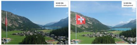 Abbildung 4: Windverhältnisse in Sils mit Blick Richtung St. Moritz (NE). Um 10.40 Uhr (links) war es noch windschwach, während um 12.00 Uhr (rechts) der Malojawind (SW-Wind) aufkam. 