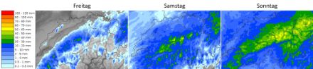 Grafik mit Niederschlagssummen für die Schweiz für Freitag, Samstag und Sonntag