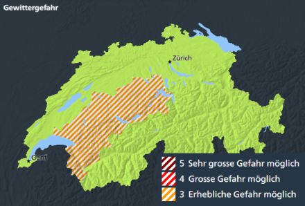 Warnkarte für Gewittergefahr in der Schweiz