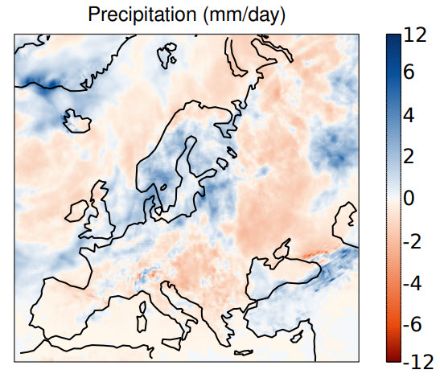 Räumliche Verteilung des monatlichen Niederschlags für Juli 2024, dargestellt als Abweichung zur Norm 1991-2020 in Millimetern/Tag. Copernicus/ECMWF.