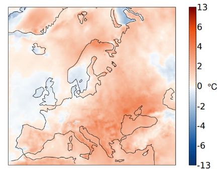 Räumliche Verteilung der Julitemperatur 2024 in Europa, dargestellt als Abweichung zur Norm 1991‒2020 in °C. Quelle: Copernicus/ECMWF.