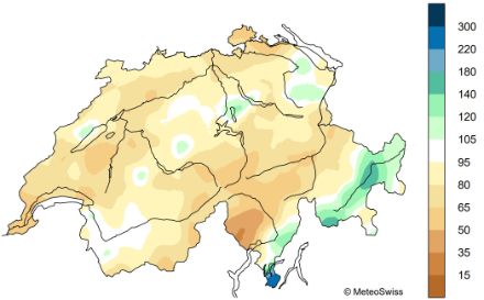 Verteilung der monatlichen Niederschlagsmenge im Juli 2024, dargestellt in Prozent der Norm 1991-2020. Quelle: MeteoSchweiz.